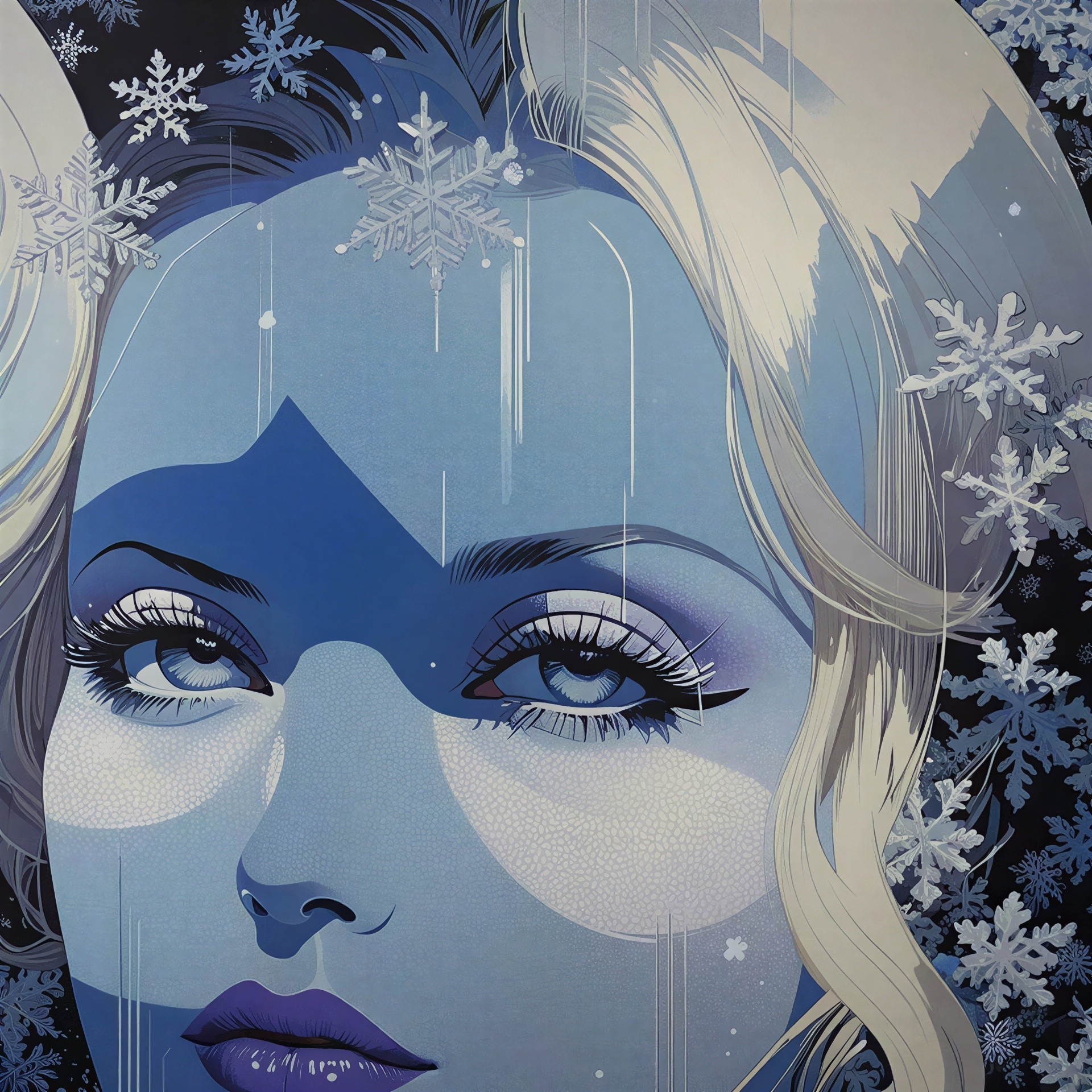 Close-Up of Woman with Blue Skin and Snowflakes
