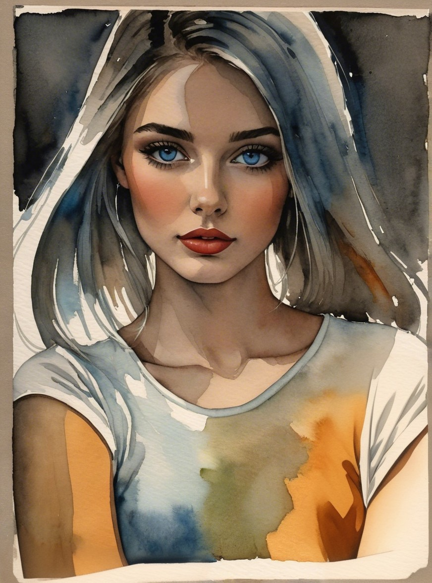 Watercolor Portrait of Young Woman with Blue Eyes