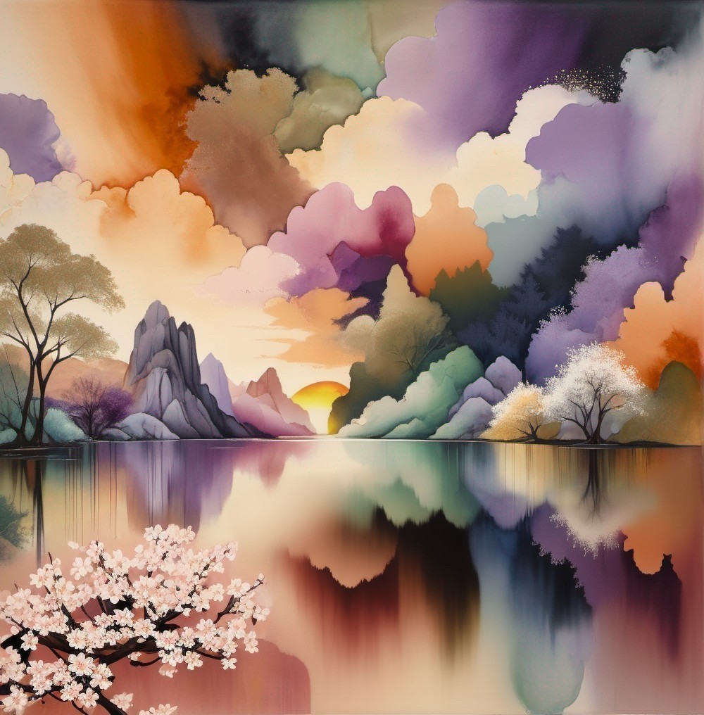 Serene Mountain Landscape with Reflective Lake and Sunset