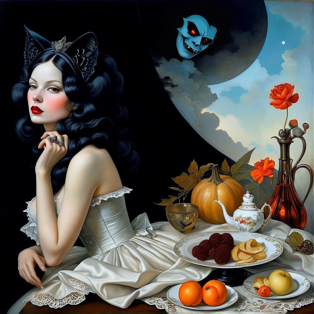 Mysterious Woman in Autumnal Setting with Eerie Figure