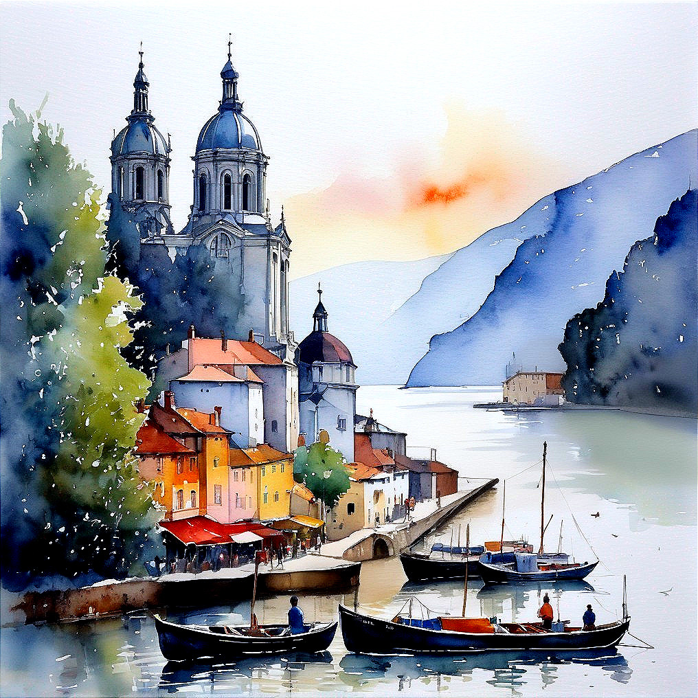 Watercolor Riverside Village with Sunset and Boats