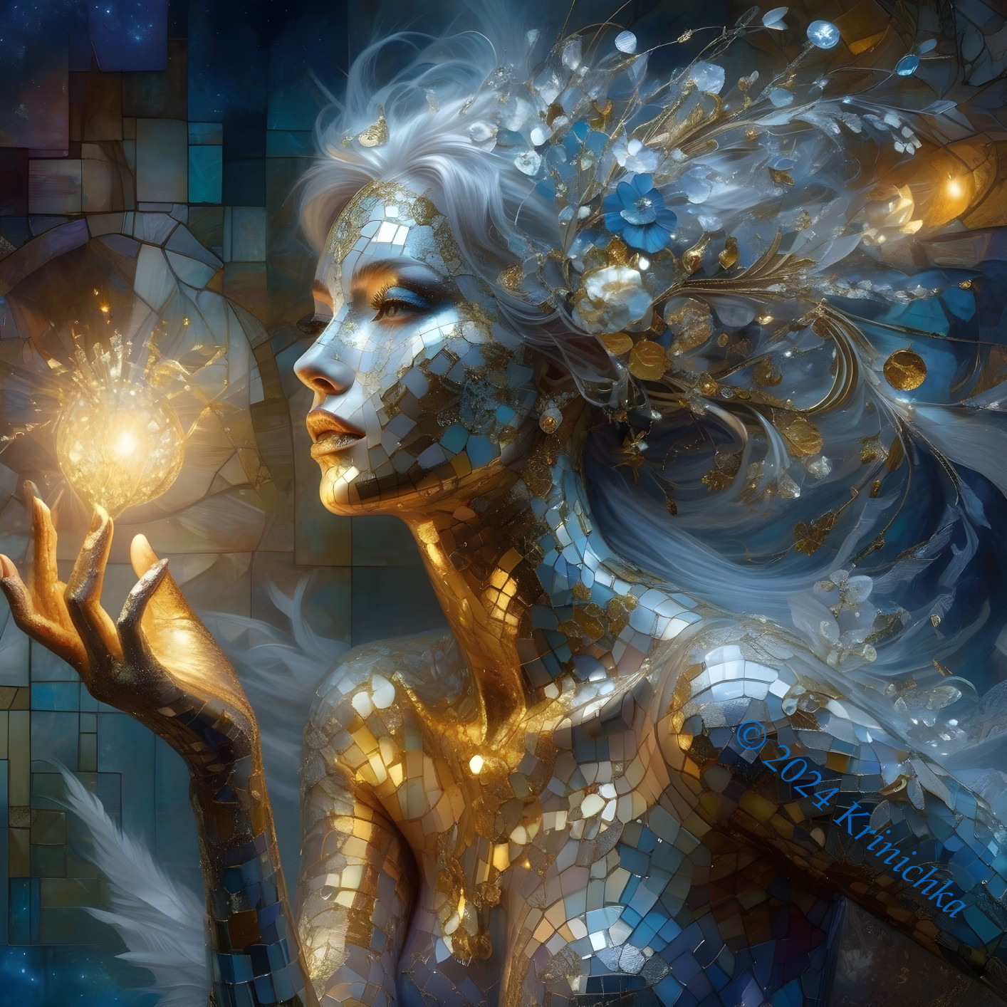 Ethereal Woman with Mosaic Complexion and Golden Floral Accents