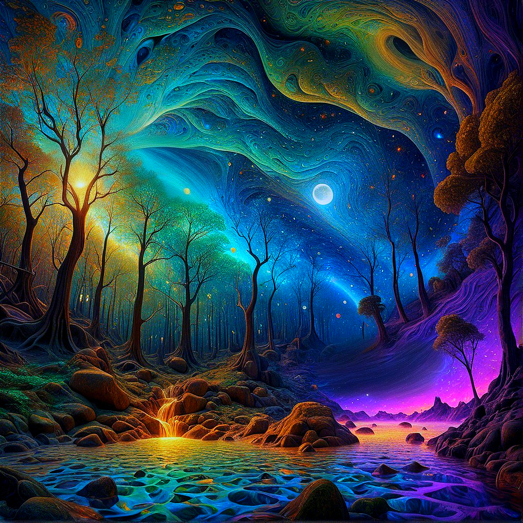 Surreal Forest with Luminescent Trees and Galaxies