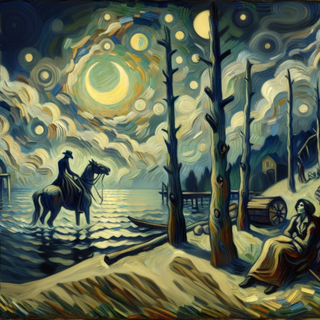 Lakeside Scene with Night Sky and Horseback Rider