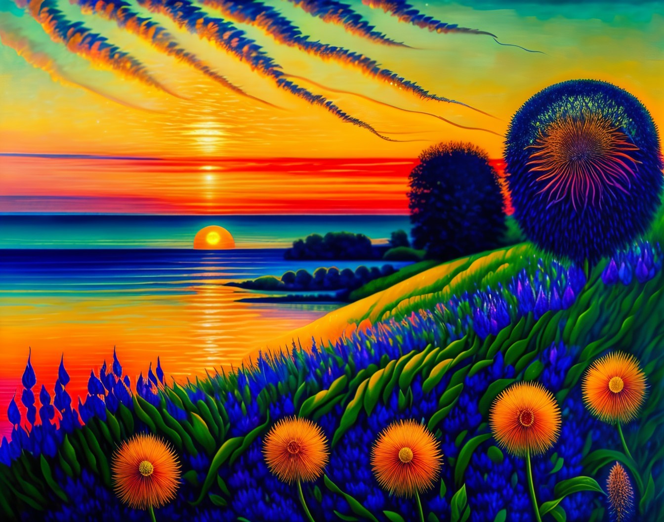 Vibrant Sunset Landscape with Serene Lake and Hills