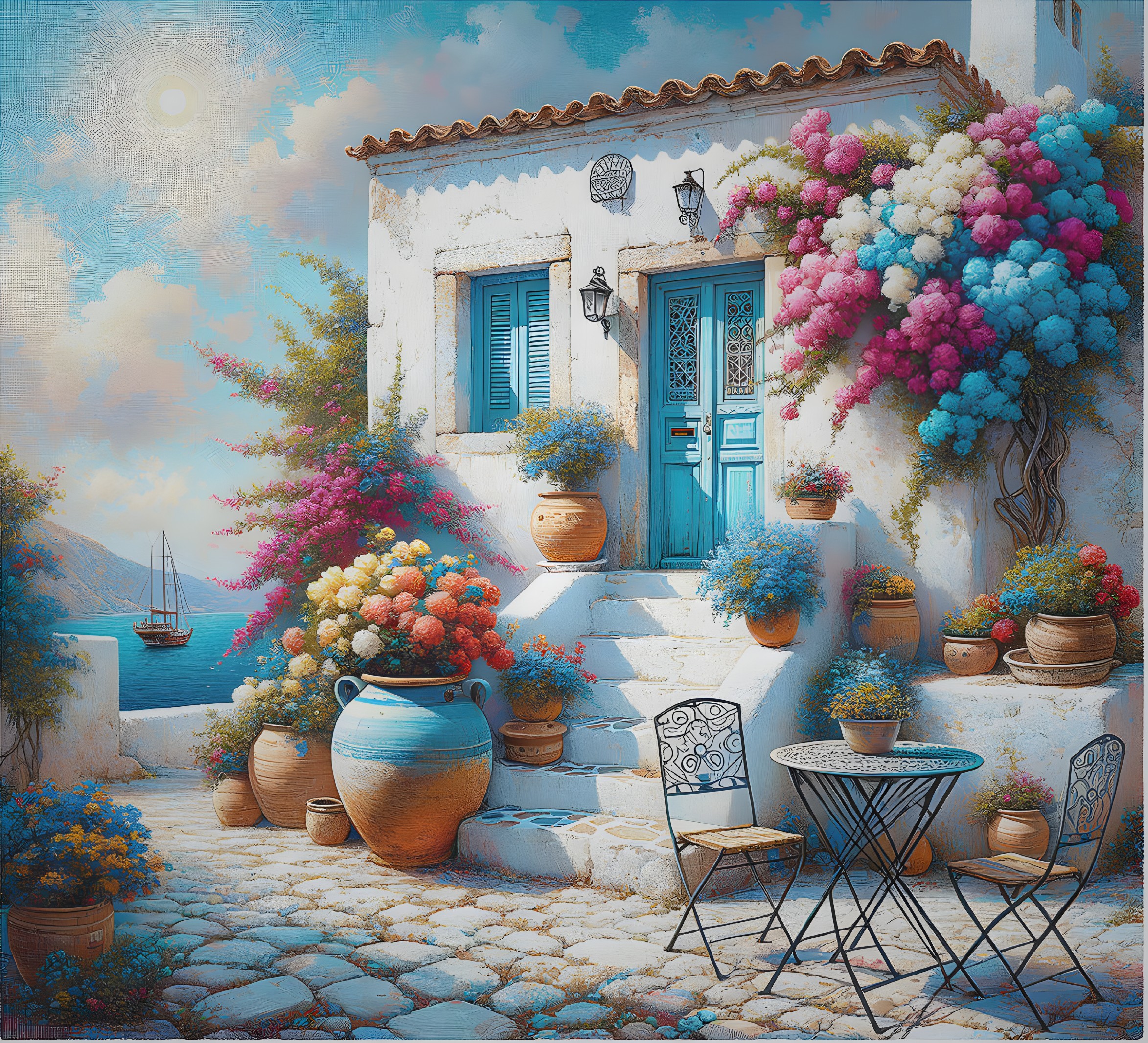 White house with vibrant flowers, blue shutters, sea view, sailboat - picturesque scene