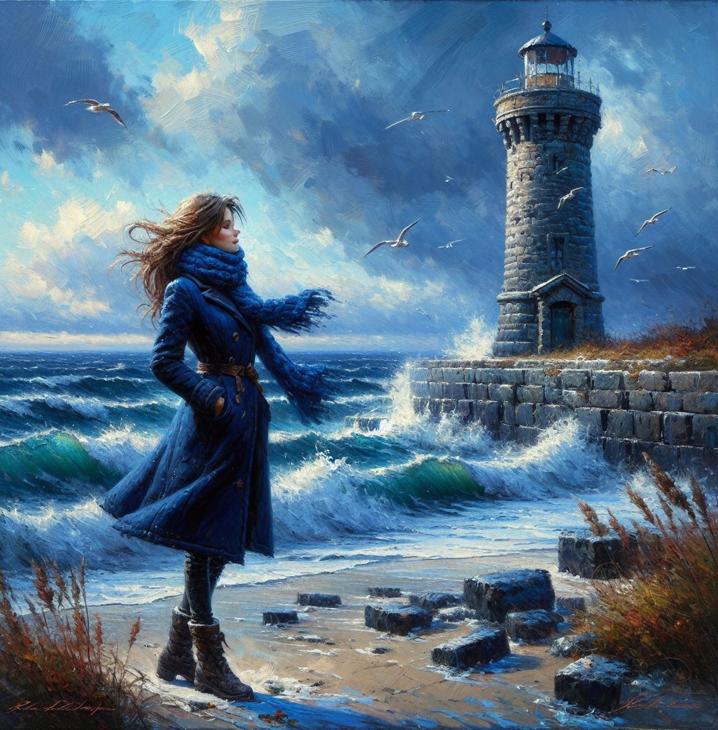 Lighthouse by the Shore with Dramatic Waves and Sky