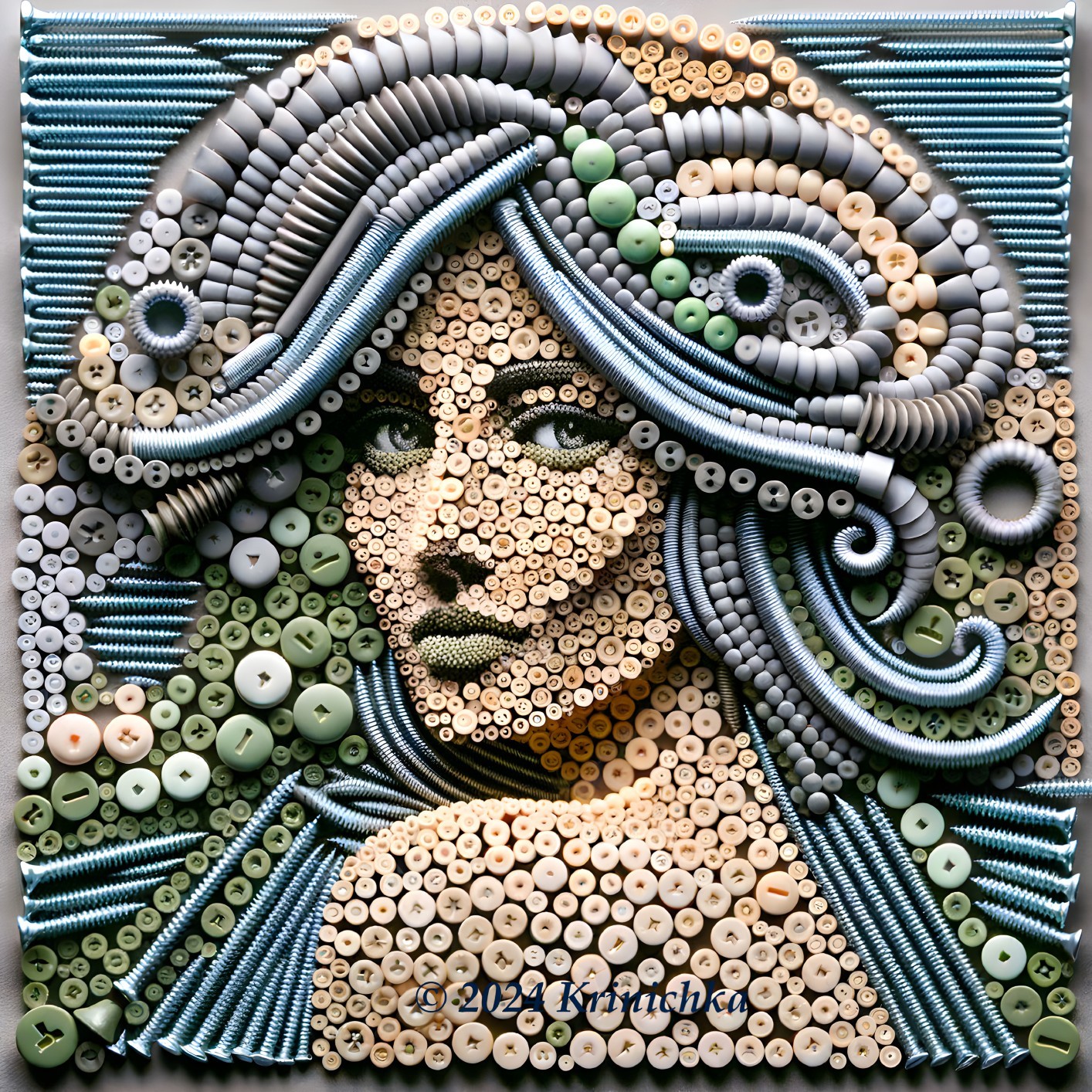 Colorful Button and Bead Mosaic of Woman's Face on Square Background