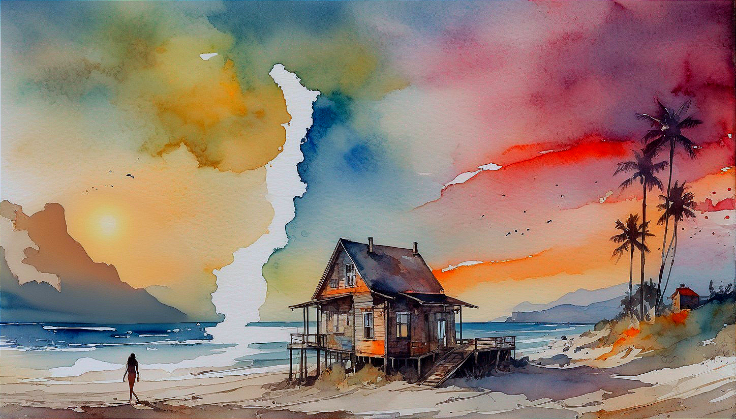 Watercolor Beach Sunset with Wooden House and Palm Trees