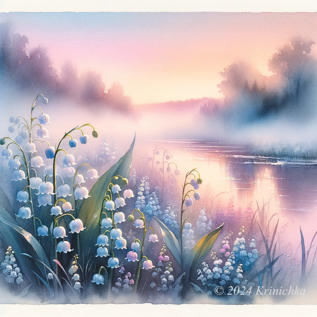 Watercolor Landscape of Sunrise Over Serene Lake