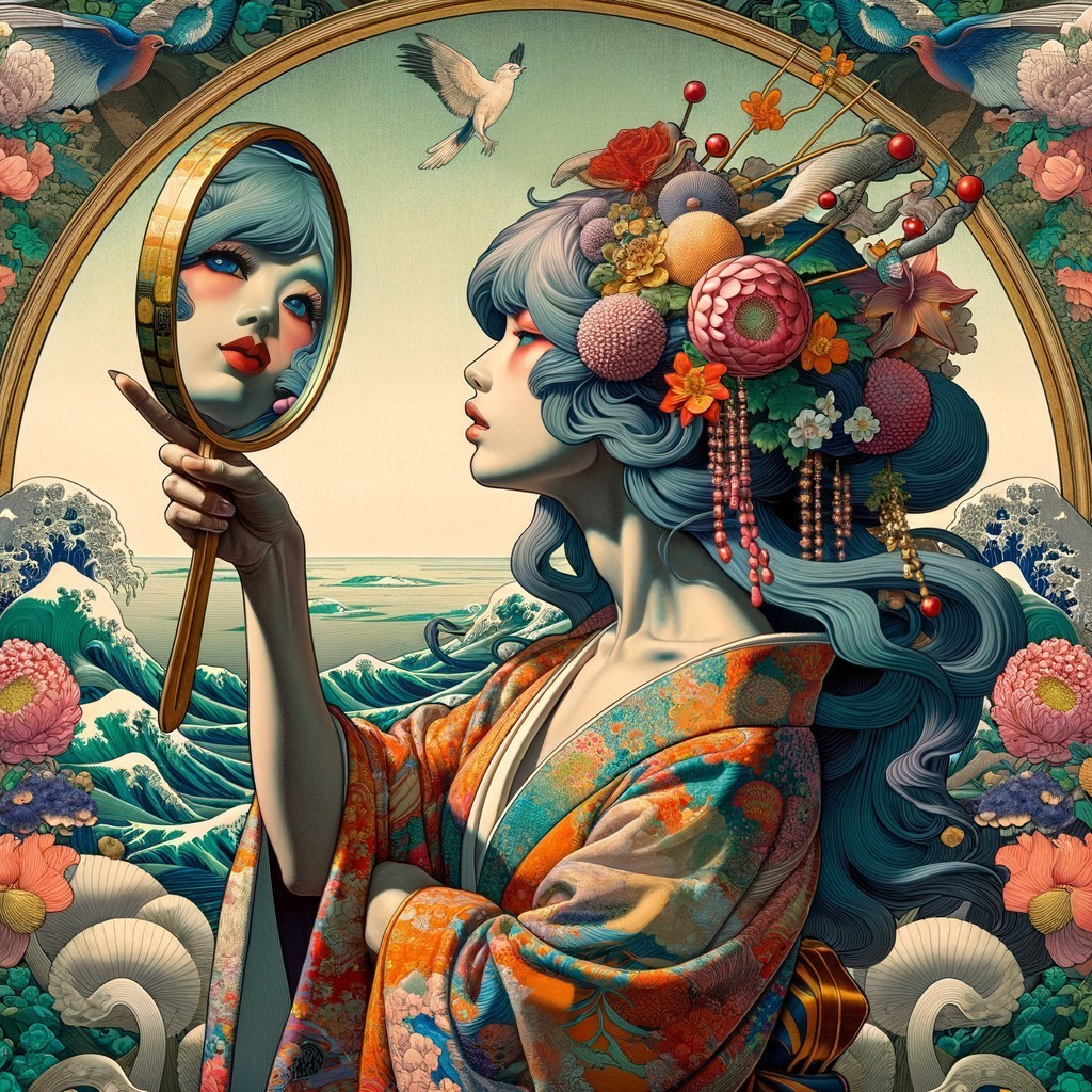 Serene woman with blue hair in floral attire and mirror