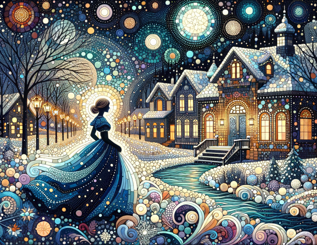 Whimsical artwork: Woman in flowing dress on cobblestone path, illuminated houses, starry