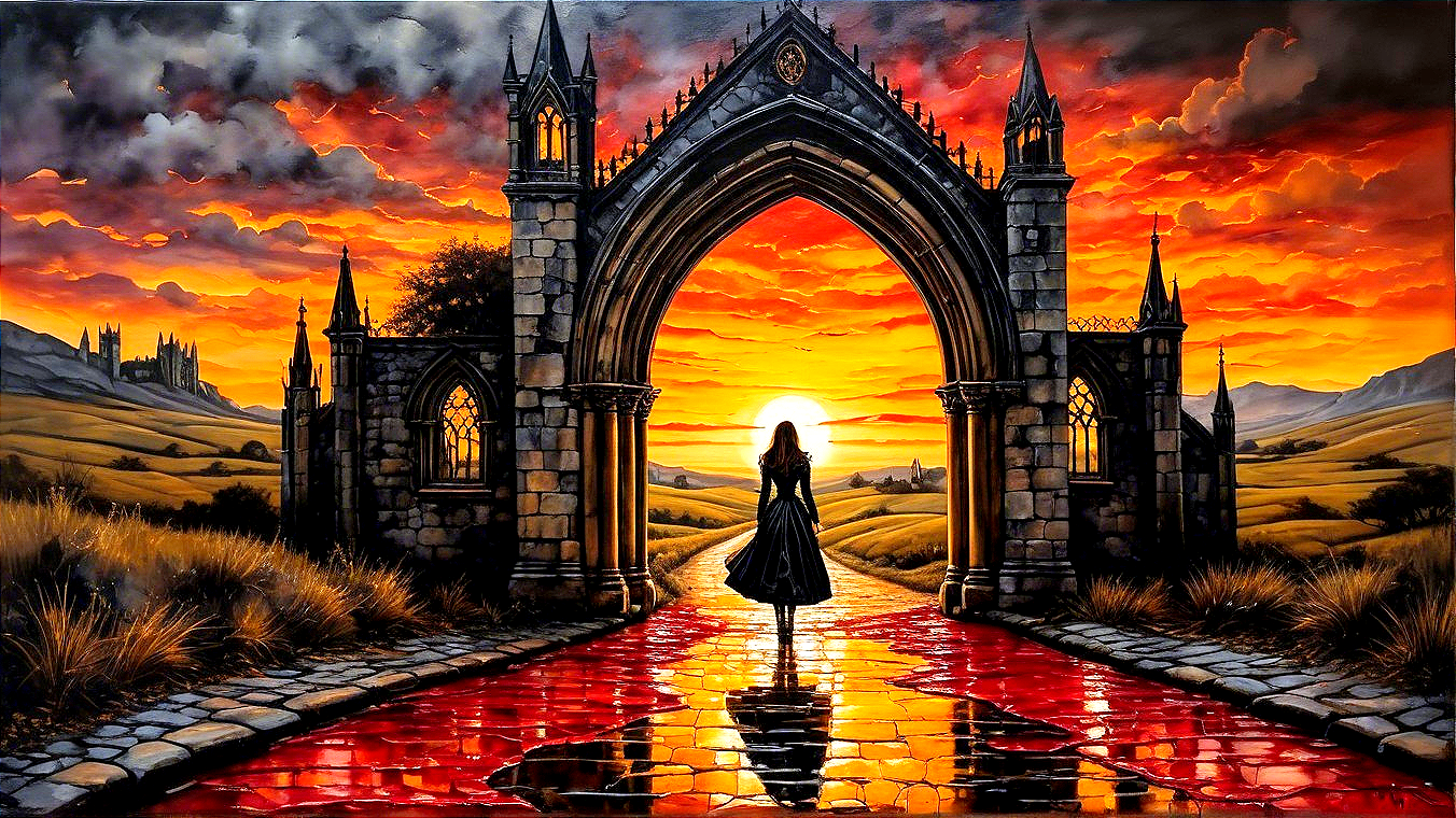 Dramatic Sunset Over Gothic Archway with Figure