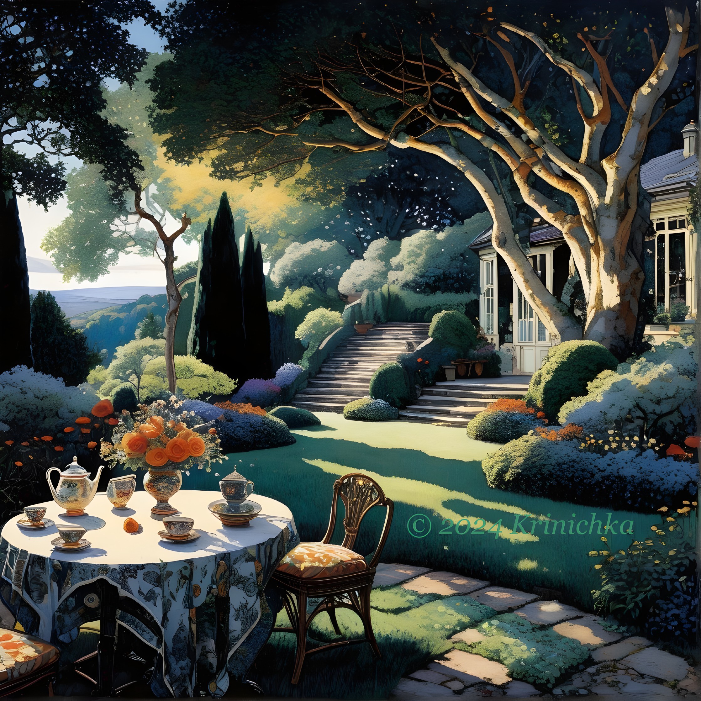 Tranquil garden scene with tea set, trees, flowers, and staircase