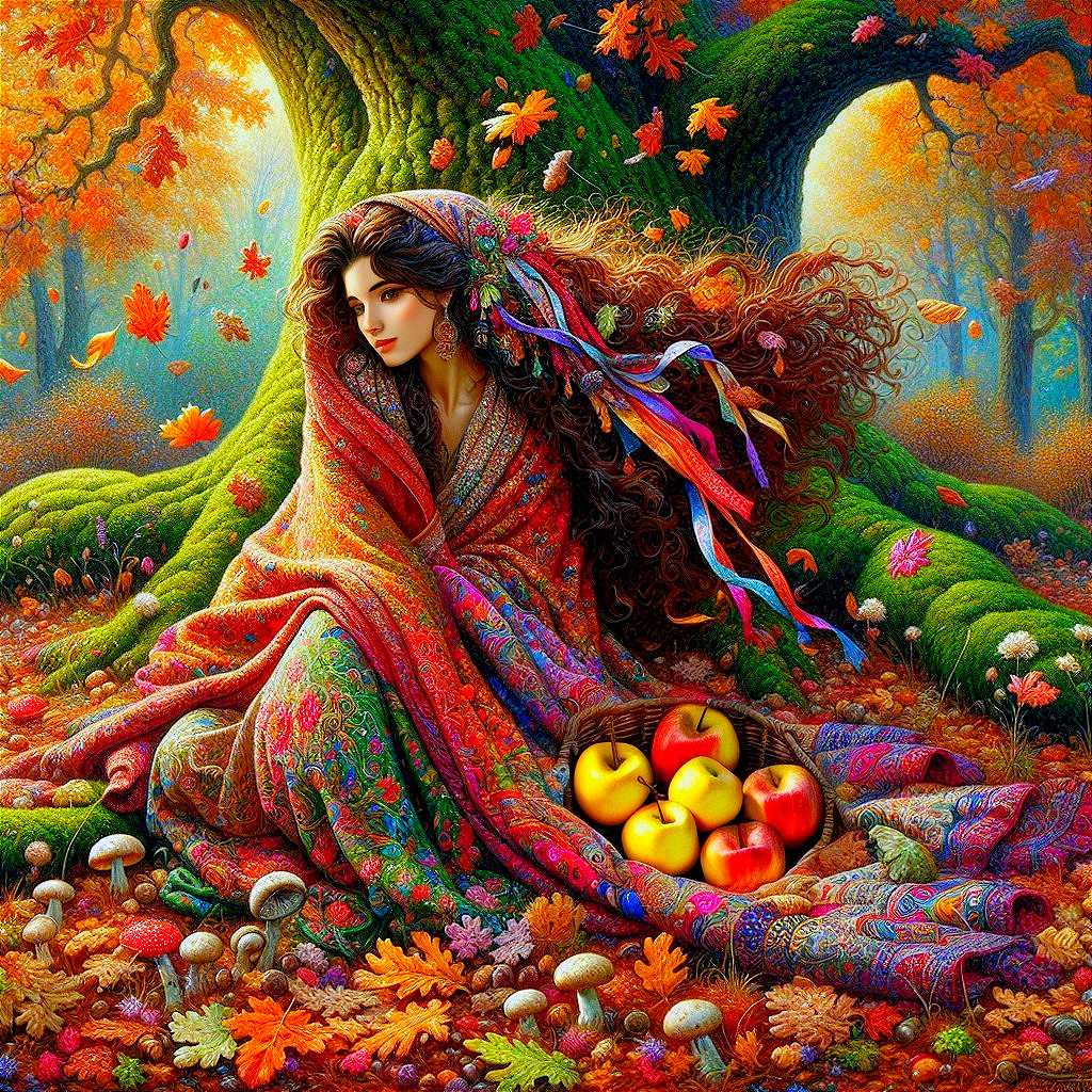 Woman in Colorful Shawl in Autumn Forest Setting