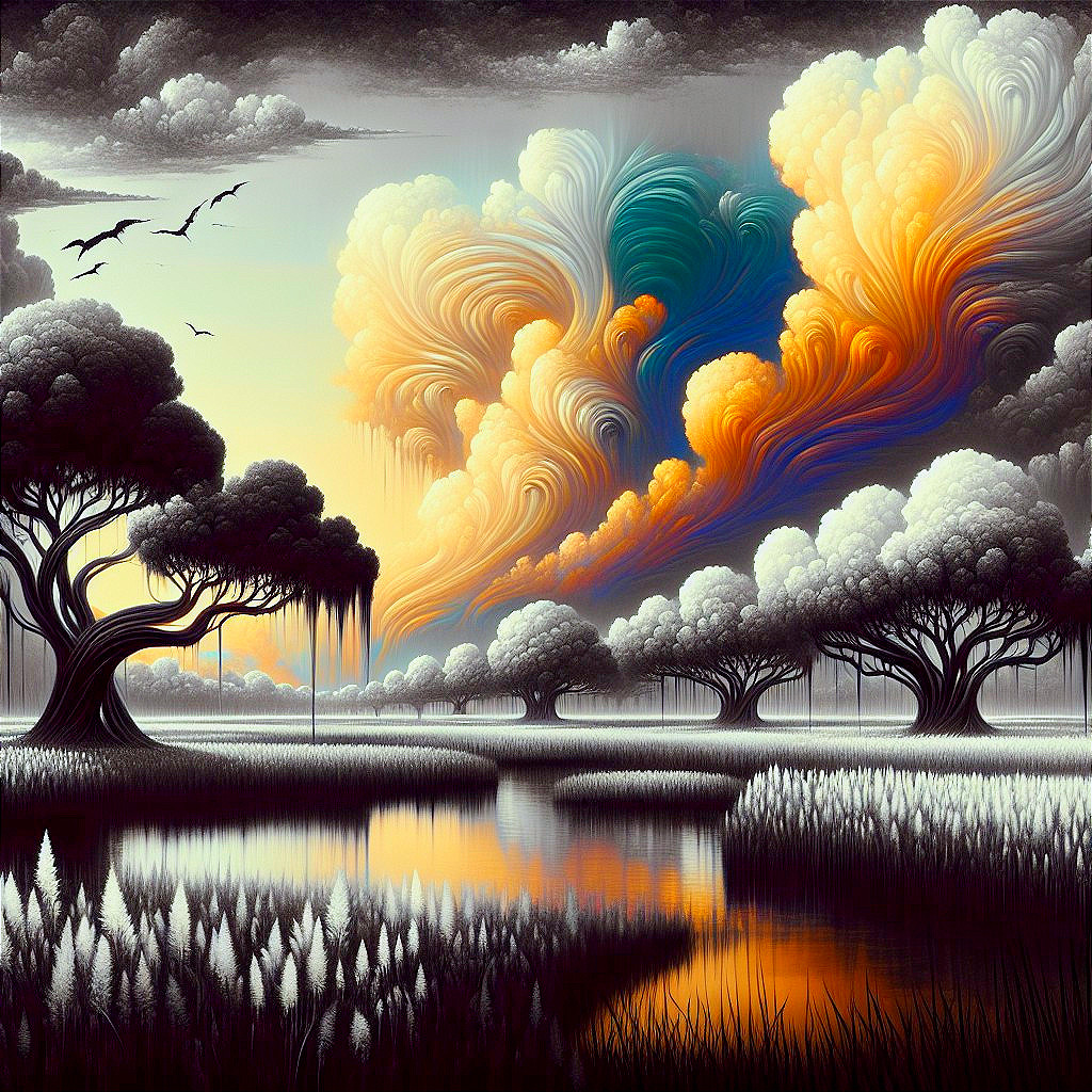 Surreal Landscape with Lake and Vibrant Cloud Reflections