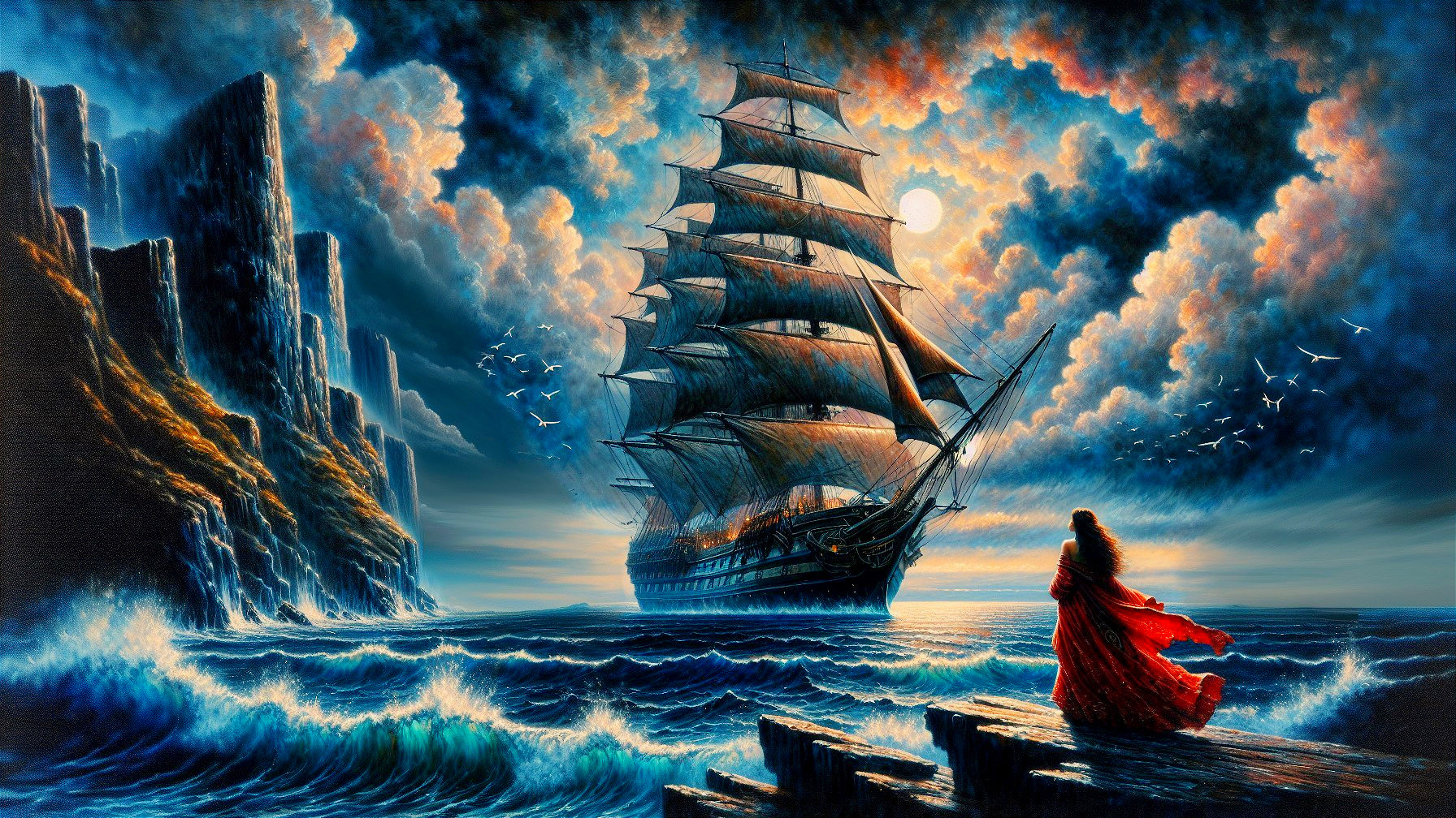 Dramatic Seascape with Ship and Woman on Cliffs