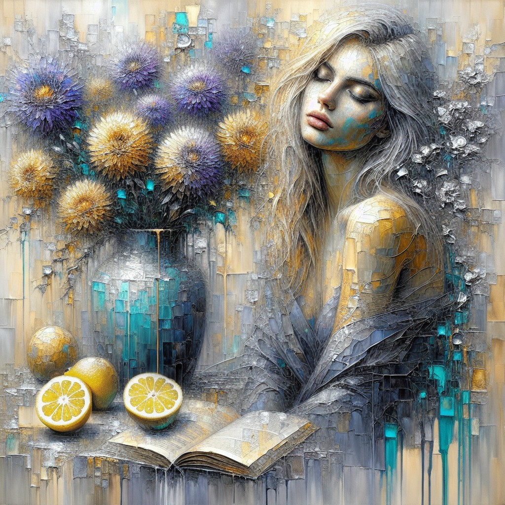 Textured Portrait of Serene Woman with Flowers and Book