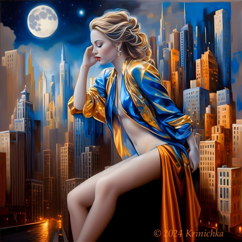 Digital artwork: Woman in golden dress under full moon