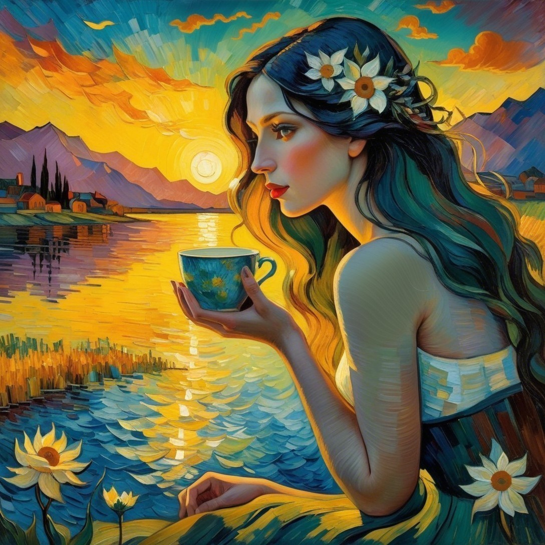 Serene Portrait of a Woman by a Sunset Lake