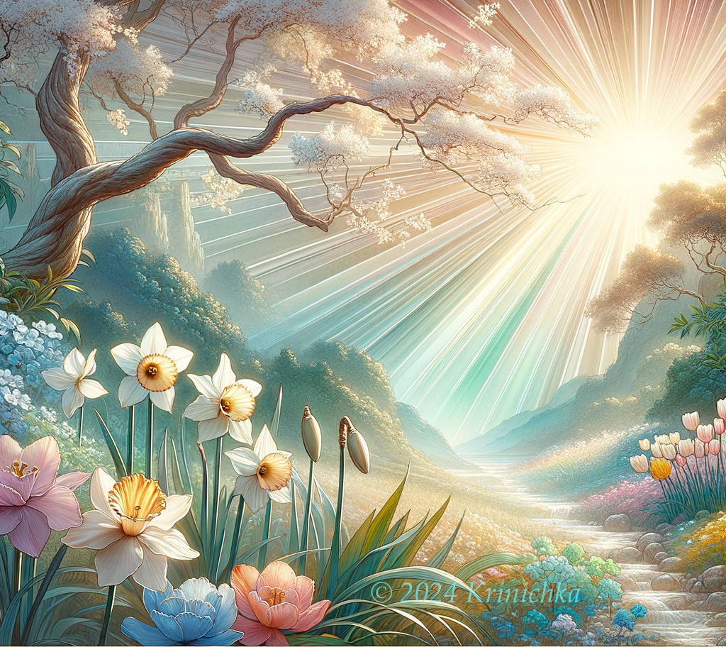 Sunlight in a Vibrant Garden with Waterfall and Mountains