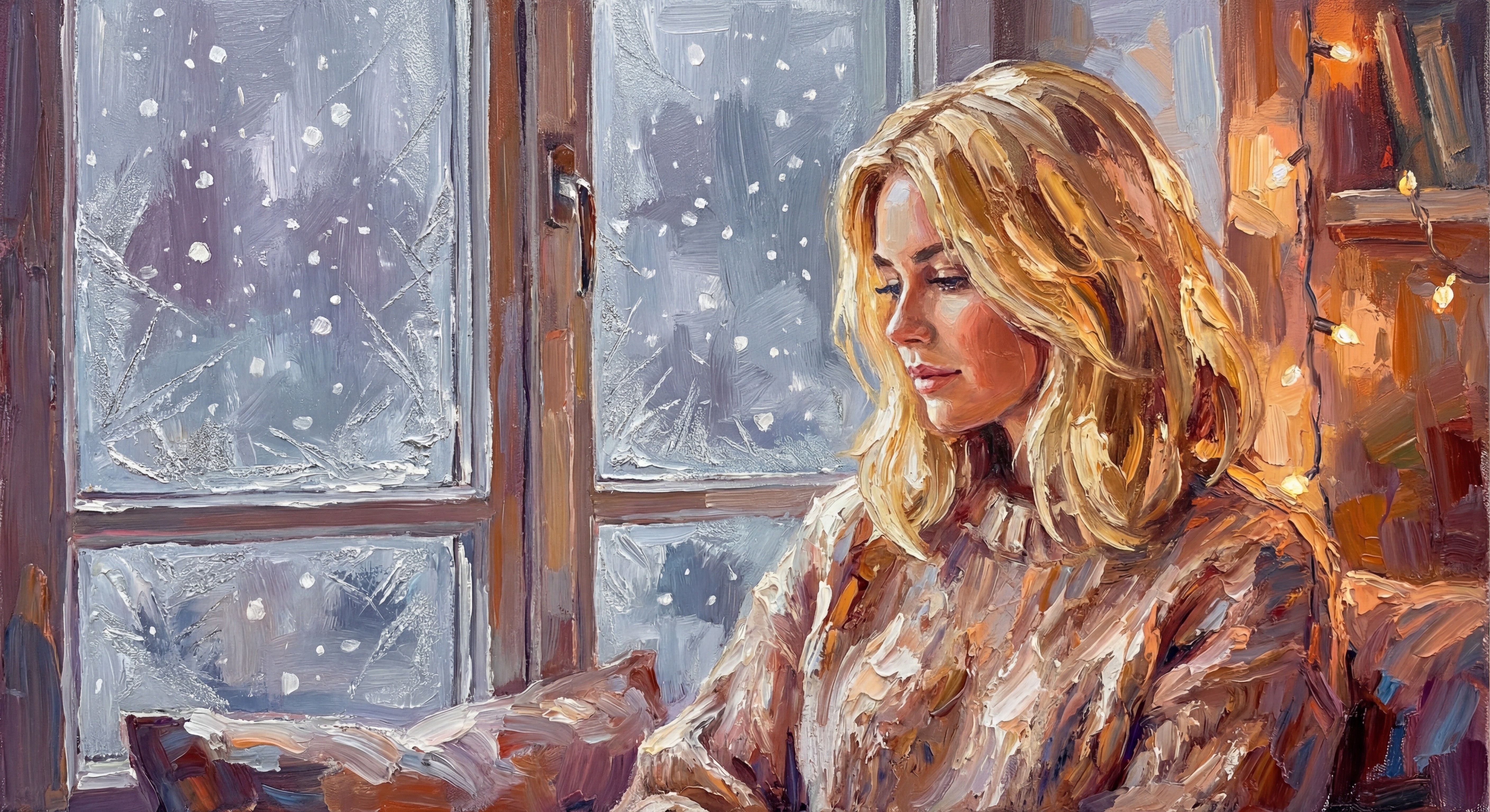 Oil Painting of Young Woman by Frosted Window