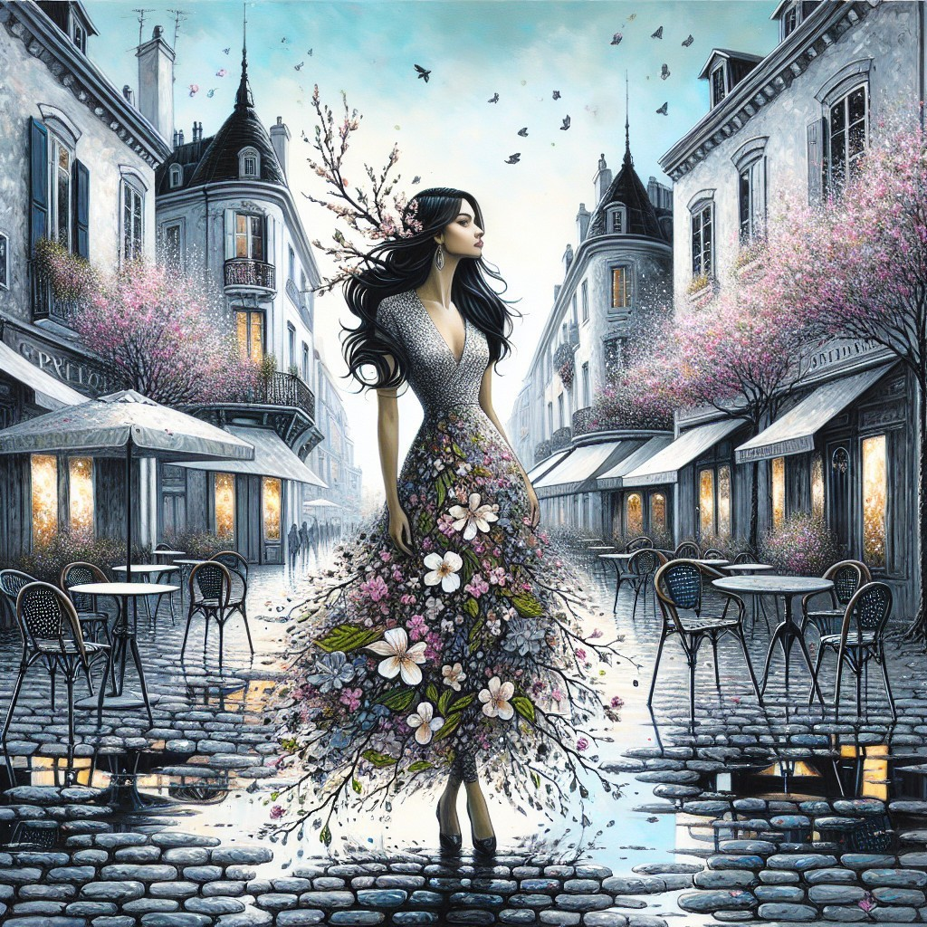Woman in Floral Gown on Cobblestone Street in Spring