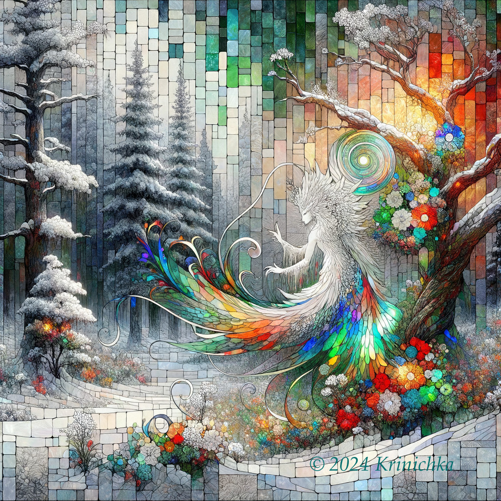 Colorful fantasy bird-like creature in vibrant winter mosaic.