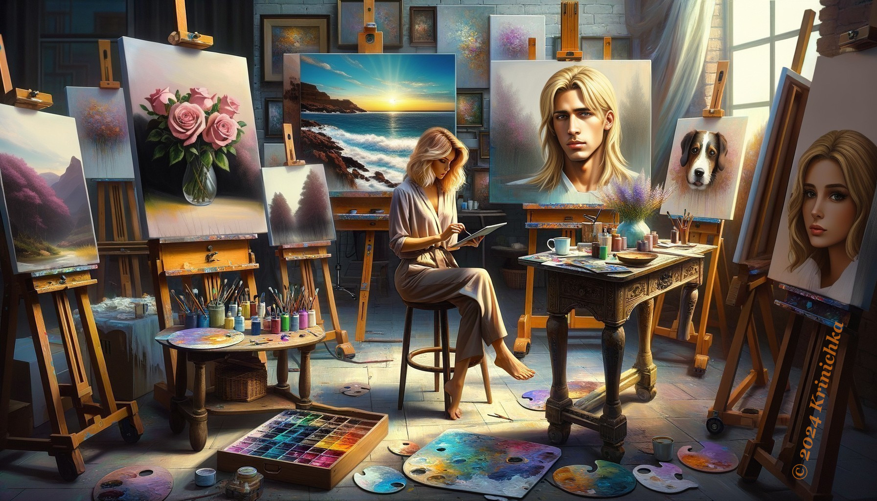 Serene Artist Studio with Vibrant Paintings and Light