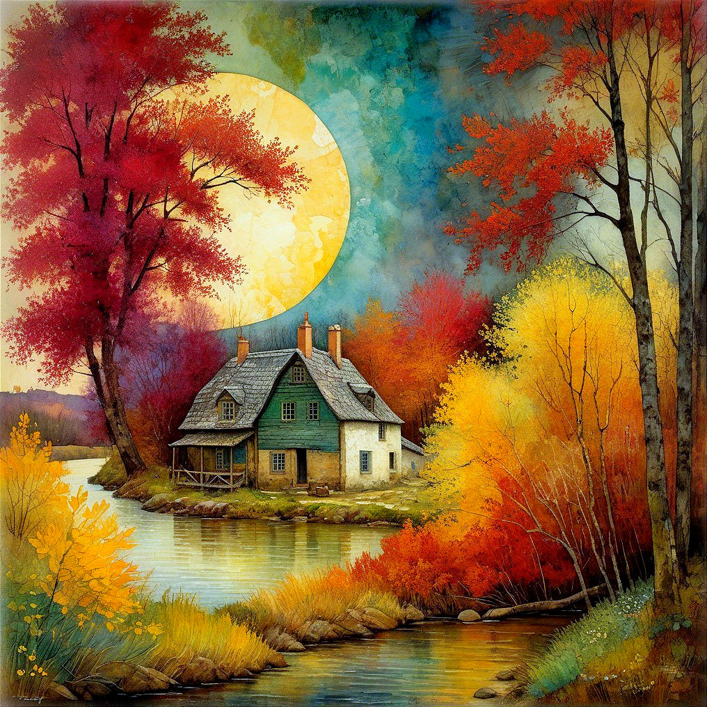 Cottage in Autumn Landscape with Moonlit River