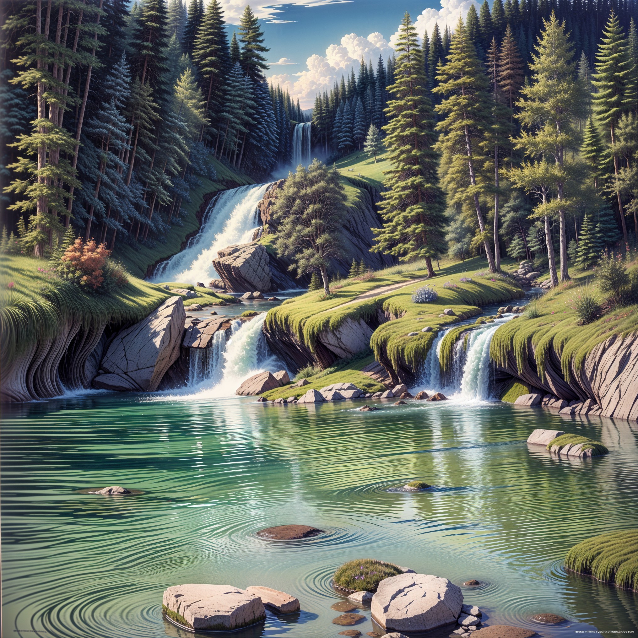 Cascading Waterfalls and Tranquil Lake Landscape