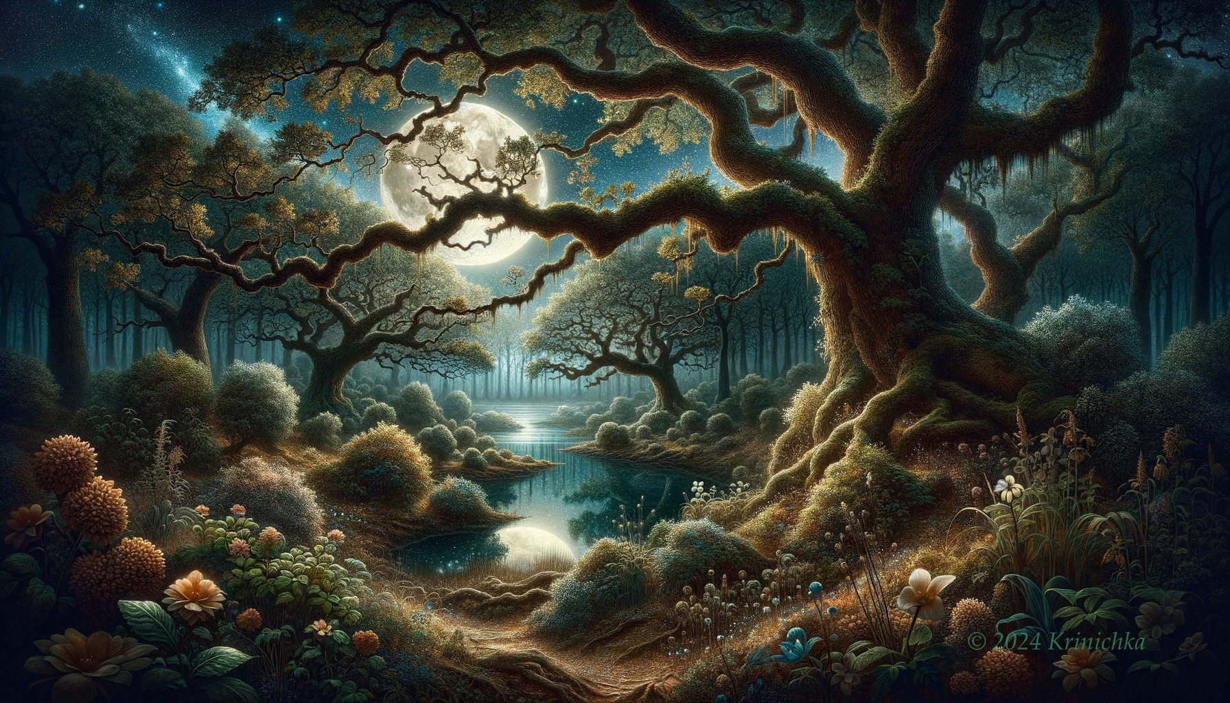 Mystical Forest Scene Under Radiant Moonlight