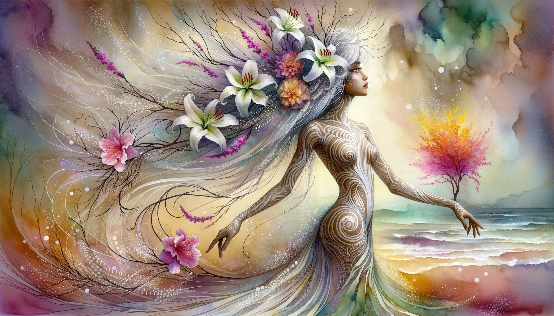 Ethereal Figure Surrounded by Nature's Vibrant Beauty