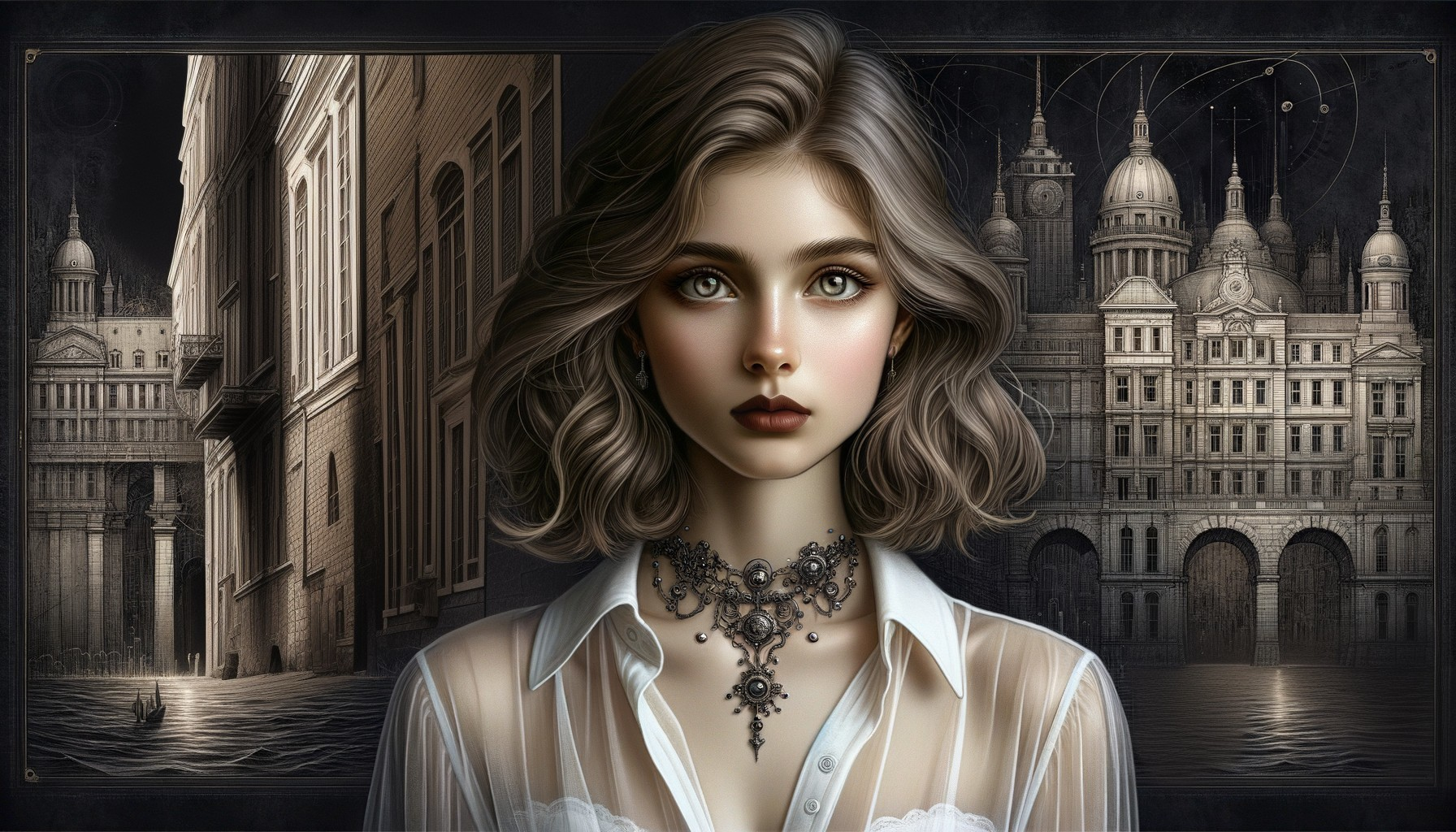 Digital Artwork of Woman in Gothic Setting with Water