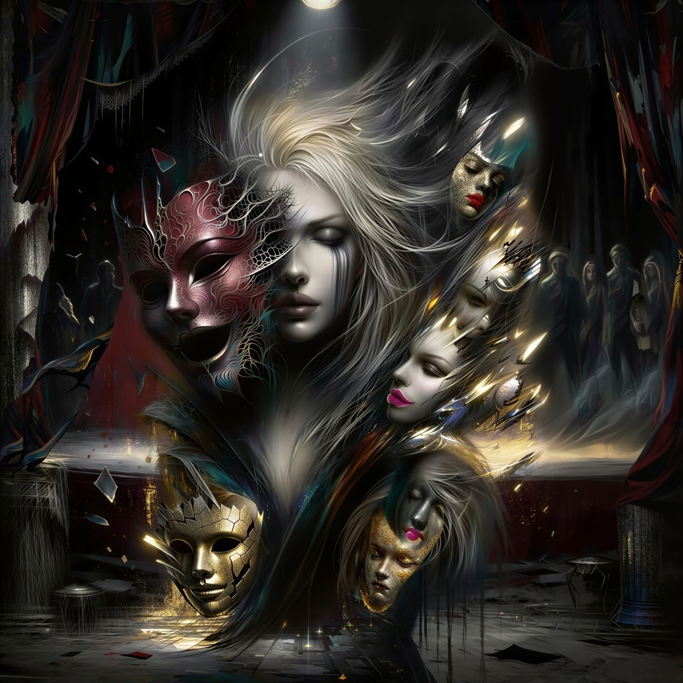 Dark Art Nouveau Painting of Woman with Masks