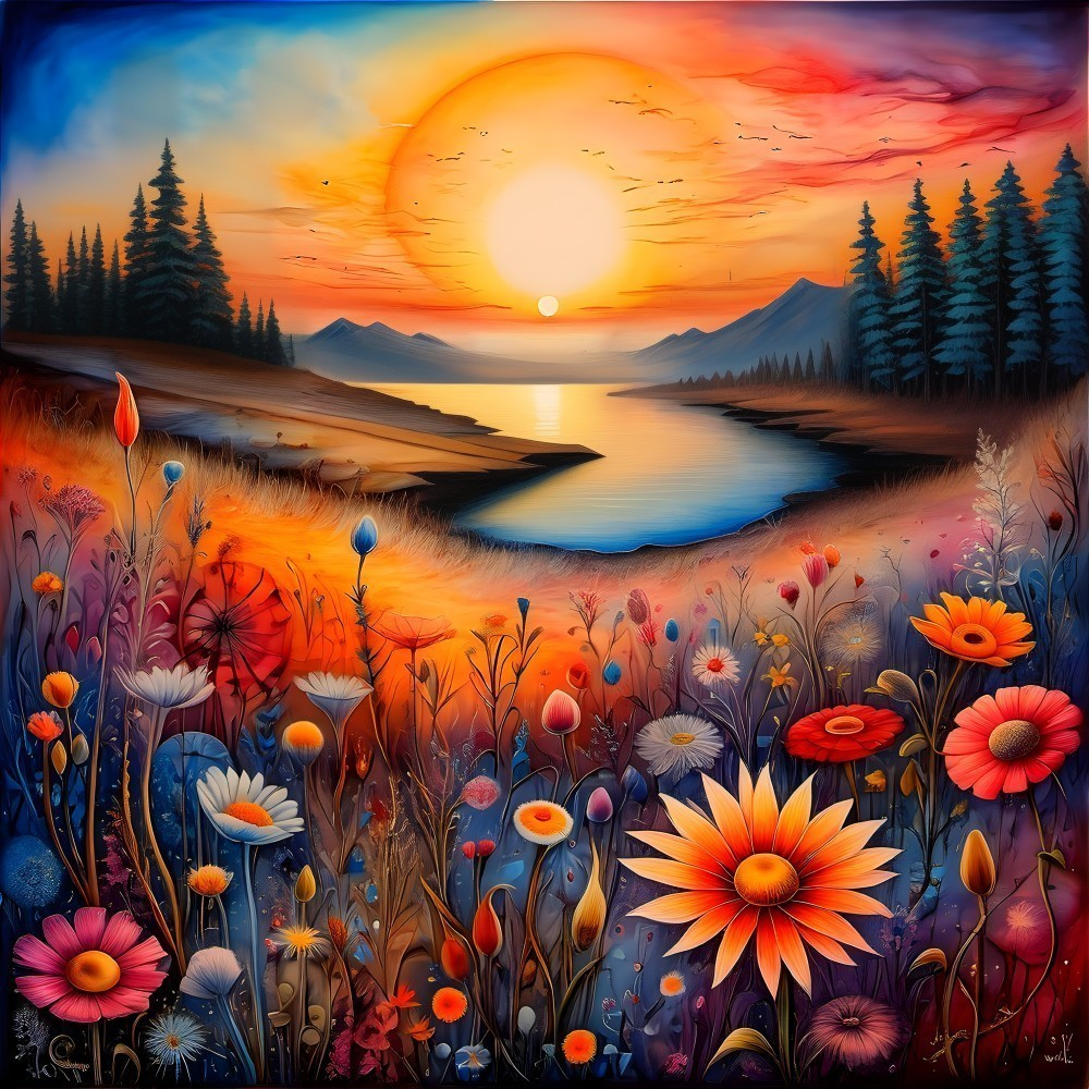 Vibrant Sunset Over Tranquil Lake and Mountains