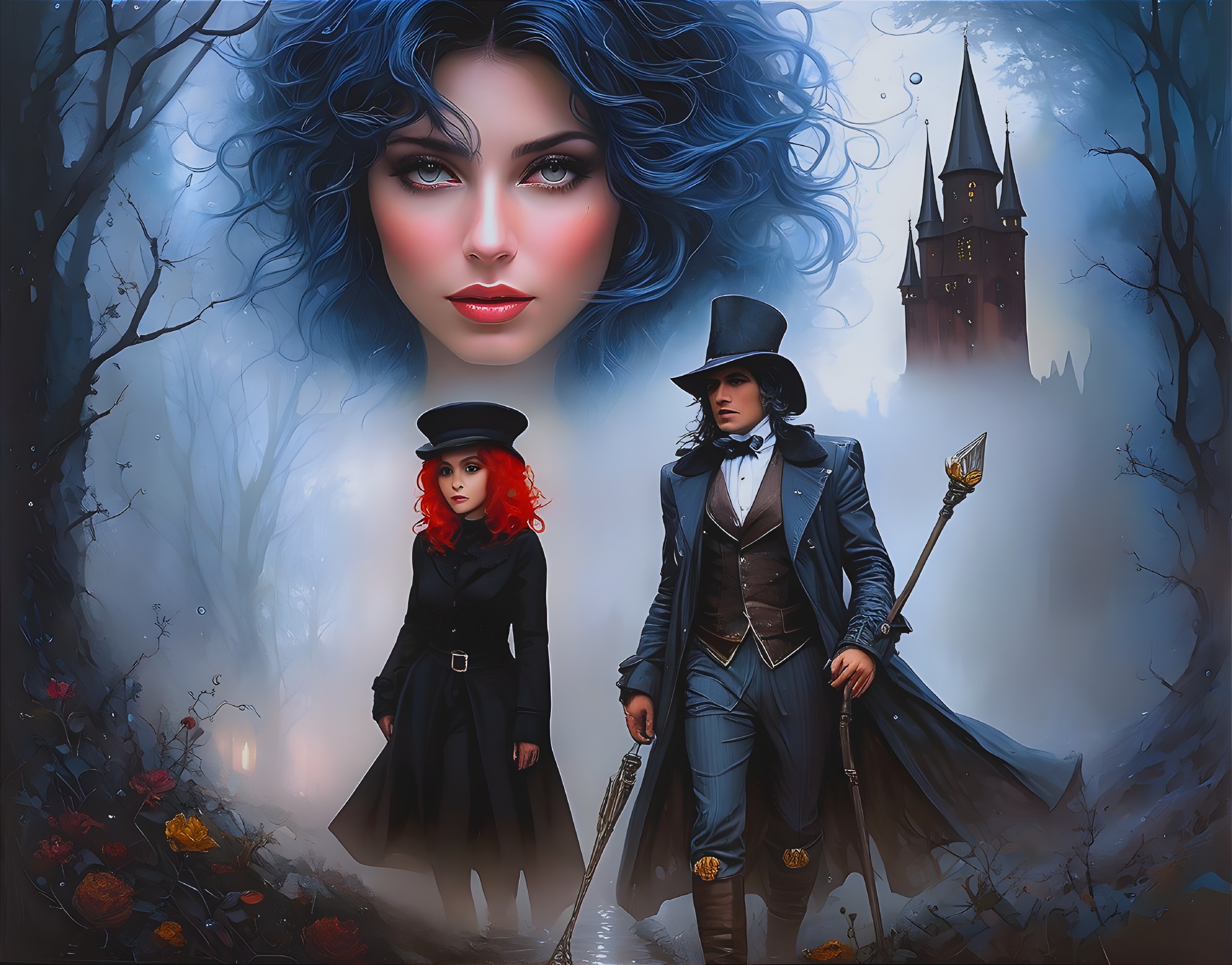 Digital Artwork: Stylized characters in gothic setting with castle, mist, and roses