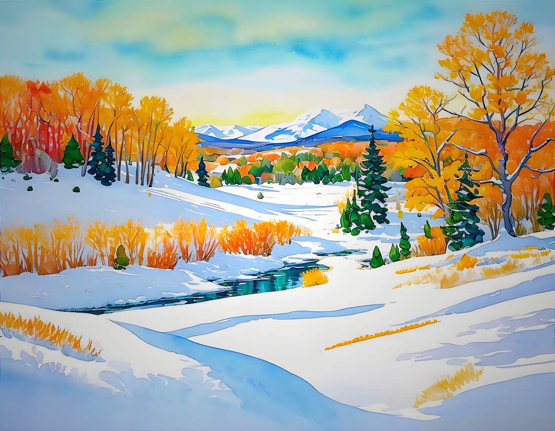 Winter landscape painting with snow, stream, golden trees, evergreens, and mountains under blue sky