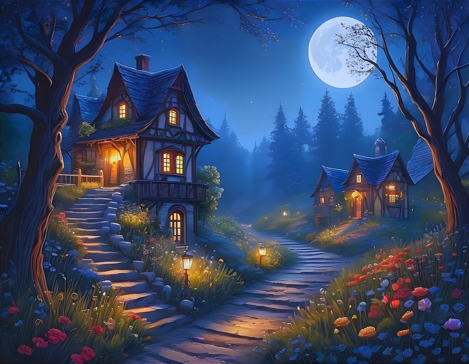 Fairy-tale Cottages Under Moonlight in Serene Night Scene