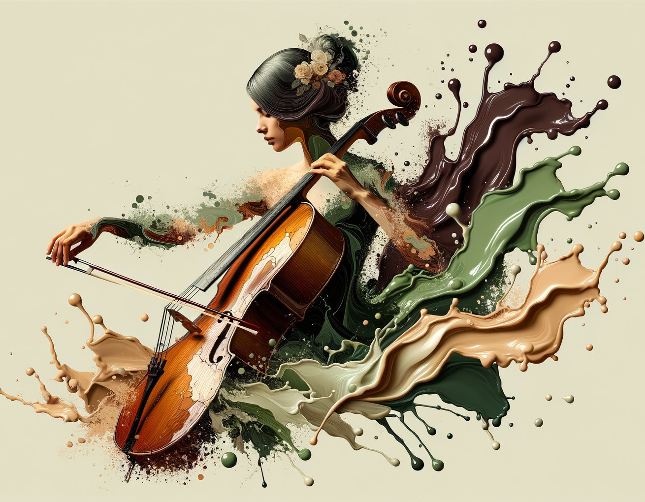 Woman playing cello merges with brown and green liquid splashes