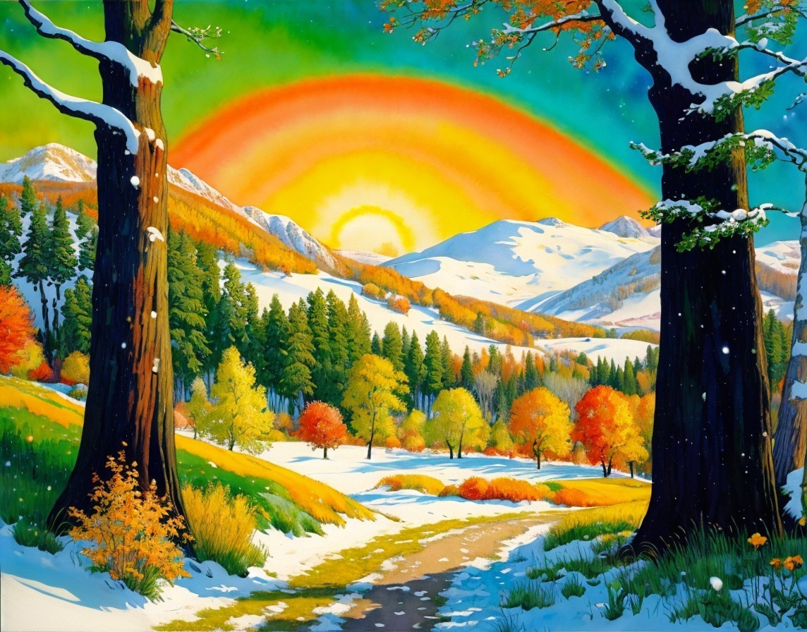 Colorful Trees Transitioning from Autumn to Winter in Vibrant Painting