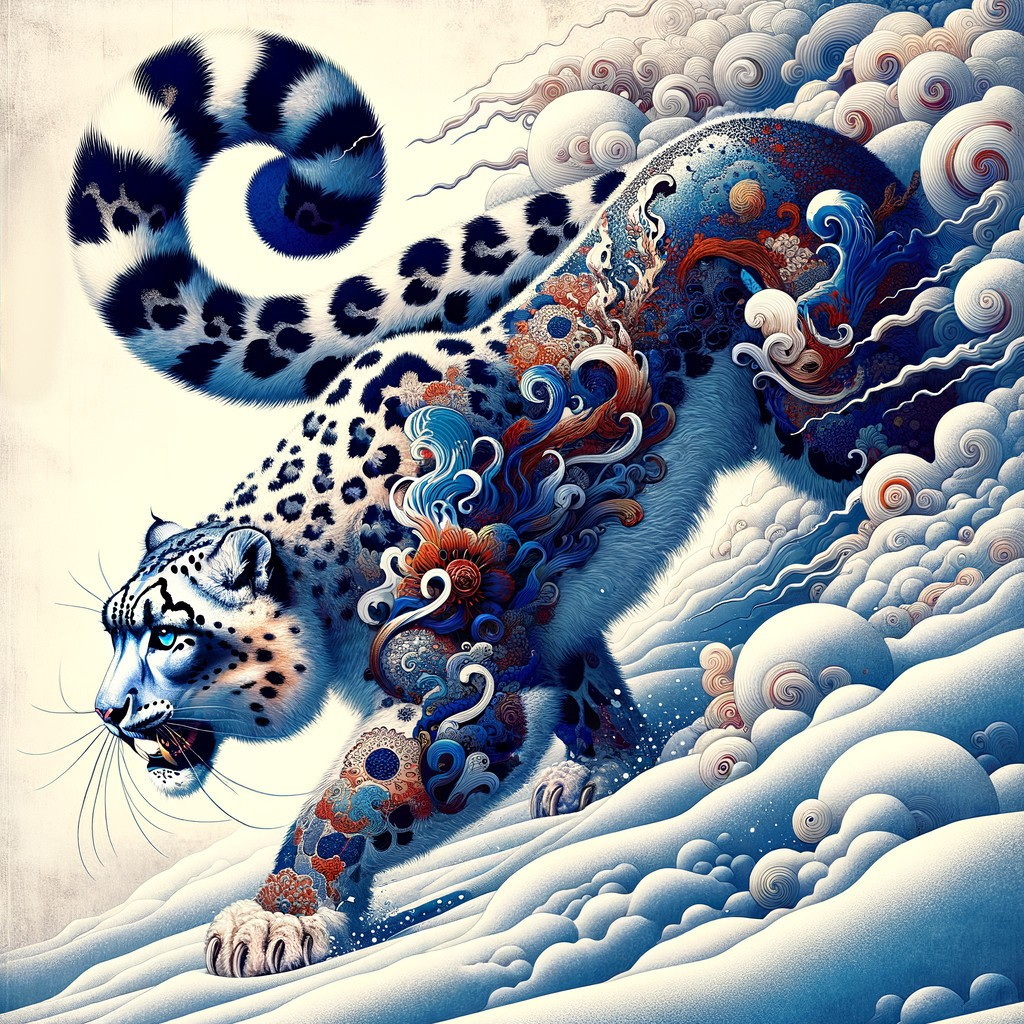 Detailed Snow Leopard Illustration with Intricate Patterns and Swirling Background