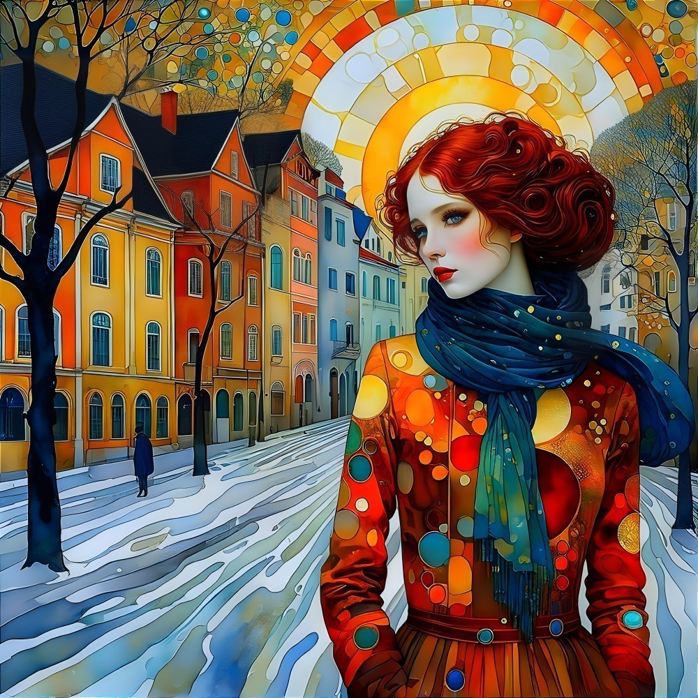 Vibrant Scene of a Woman in Colorful Winter Setting