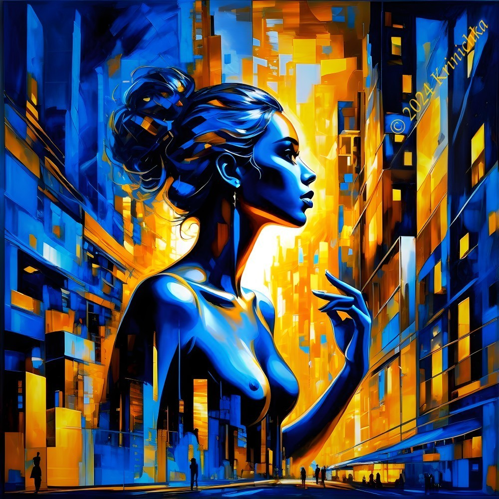 Colorful digital artwork of woman profile with swirling hair on blue and orange cityscape.
