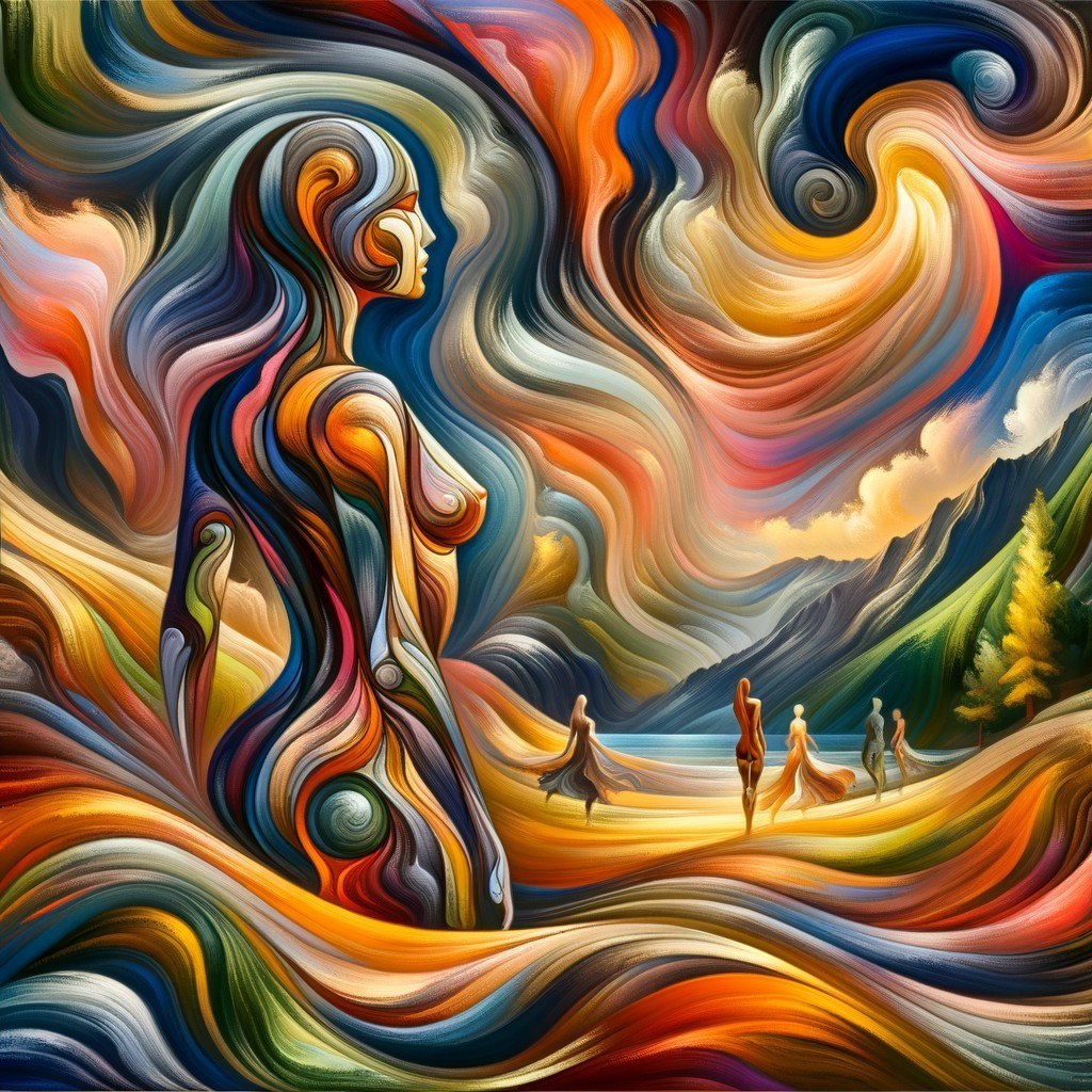 Vibrant Abstract Female Figure in Serene Landscape