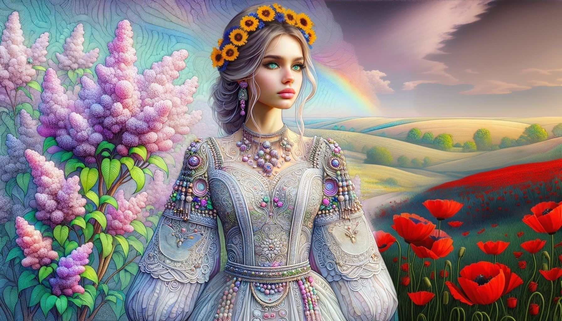 Young woman in ornate gown among flowers and hills