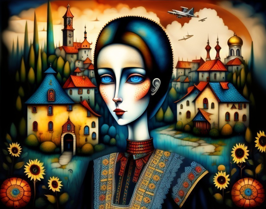 Stylized portrait of a woman in a vibrant landscape