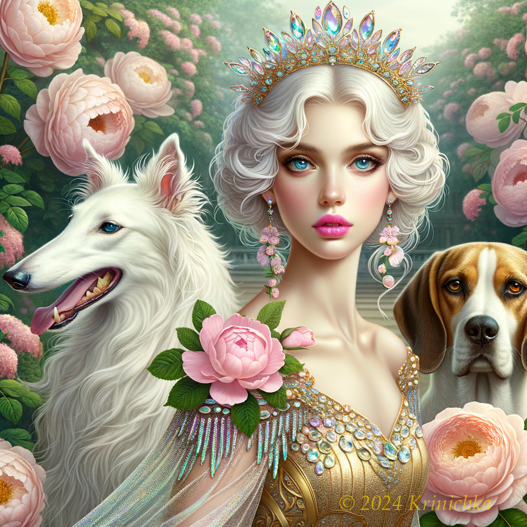 Regal Woman with Crown Surrounded by Dogs and Flowers