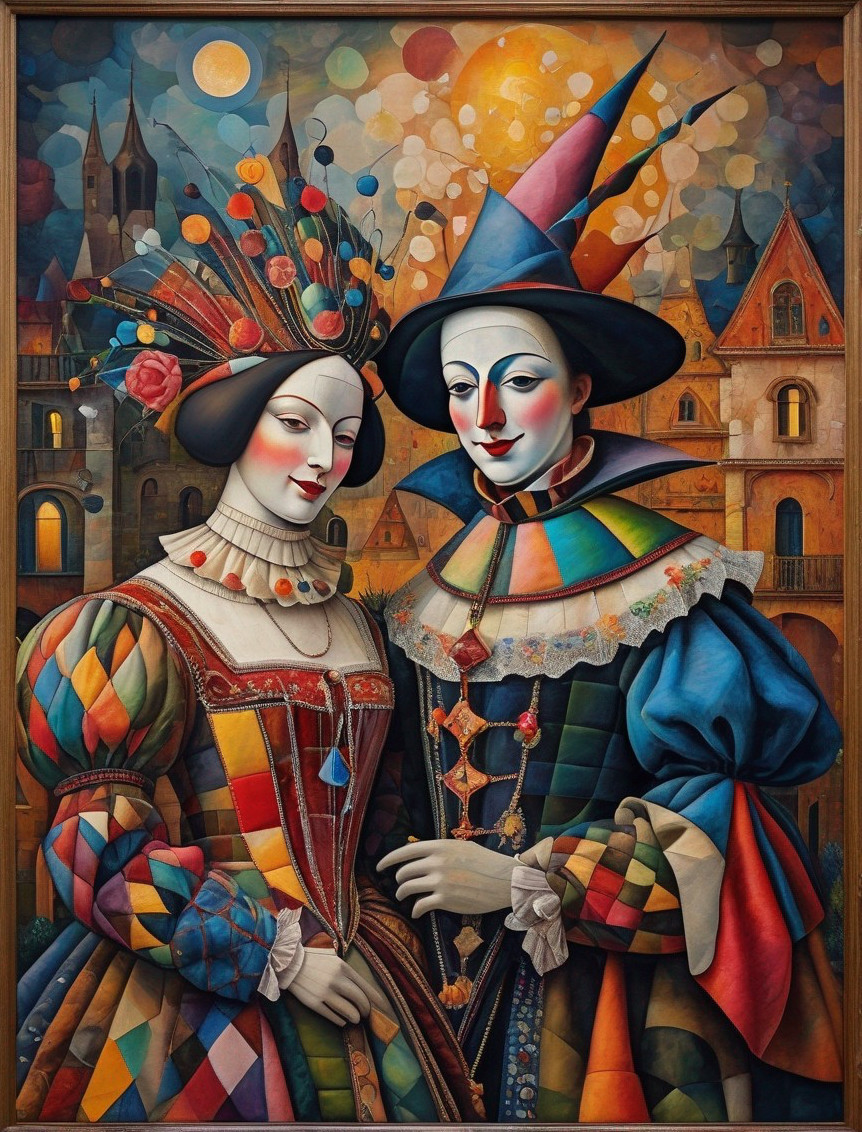 Vibrant Renaissance jester couple painting with whimsical town scene