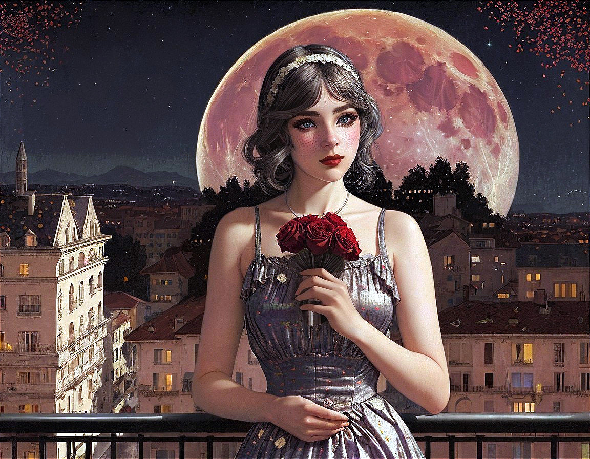 Young woman in silver dress with roses on balcony